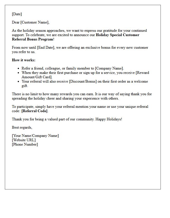 Holiday Special Customer Referral Bonus Program Announcement Letter