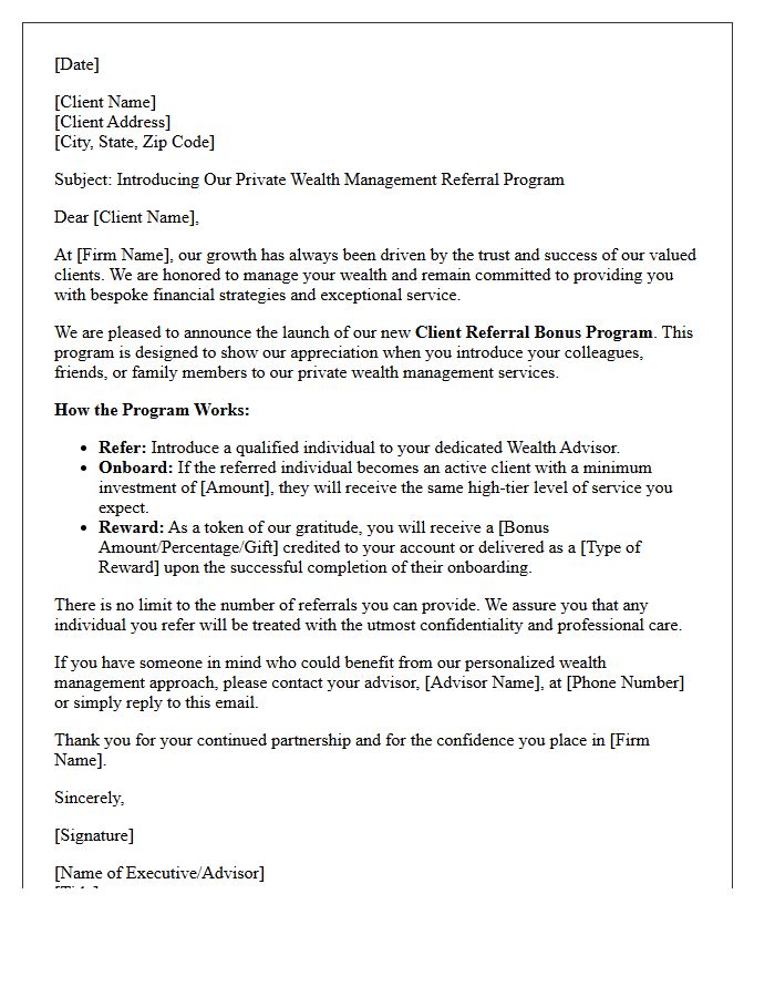 Private Wealth Management Client Referral Bonus Program Announcement Letter
