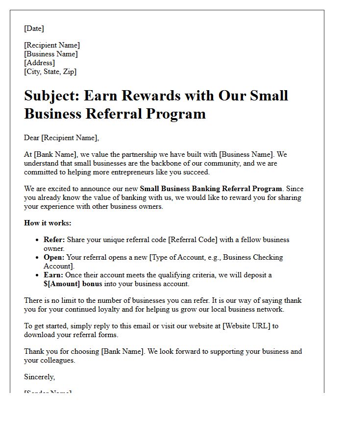 Small Business Banking Referral Bonus Program Announcement Letter