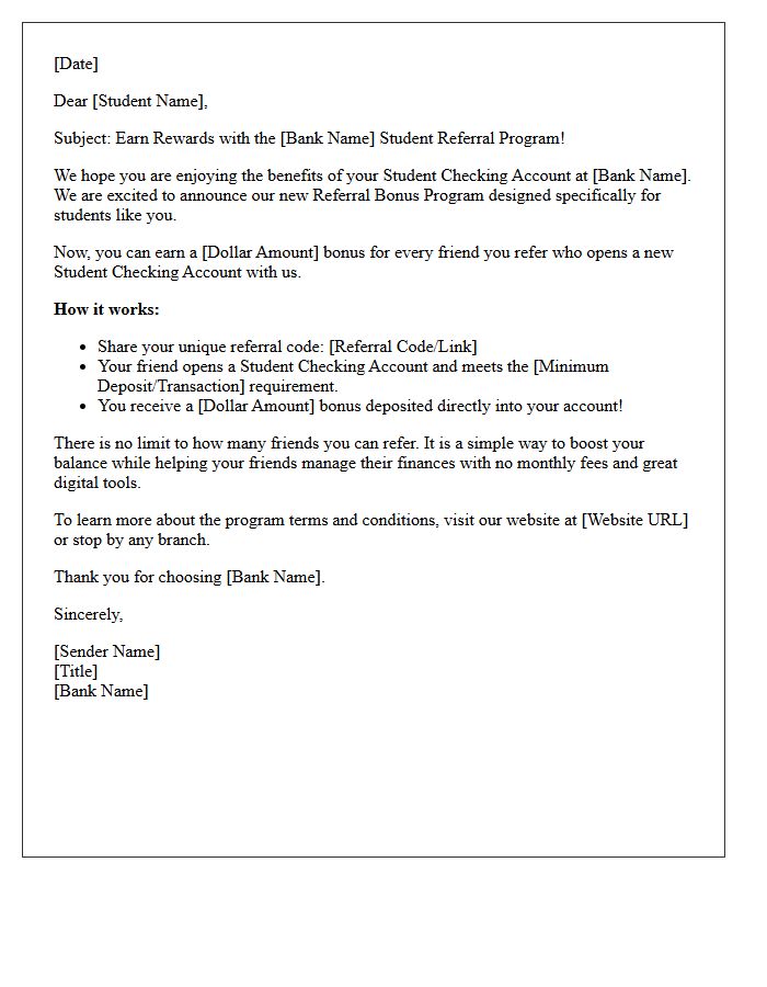 Student Checking Account Referral Bonus Program Announcement Letter