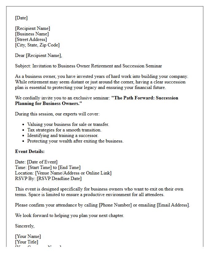 Business Owner Retirement Succession Seminar Invitation Letter
