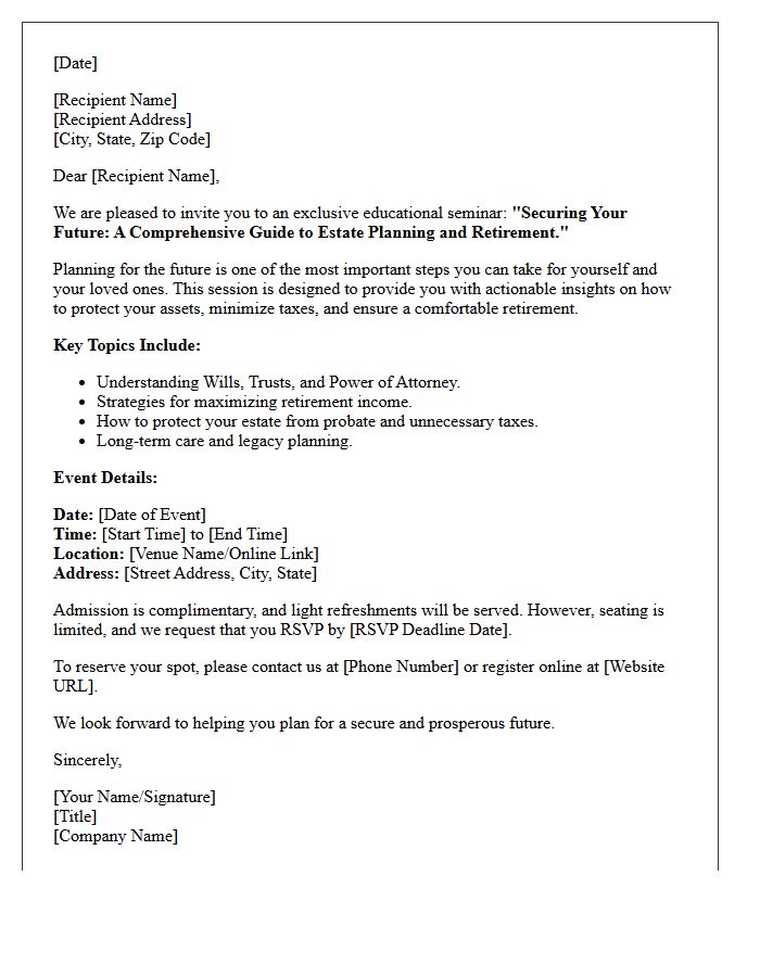 Estate Planning and Retirement Seminar Invitation Letter