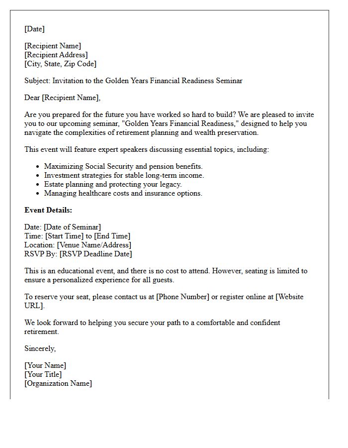 Golden Years Financial Readiness Seminar Invitation Letter