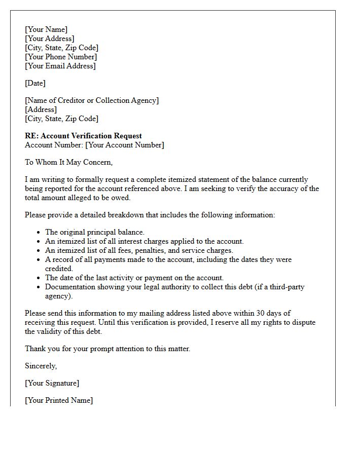 Complete Itemized Account Balance Verification Letter
