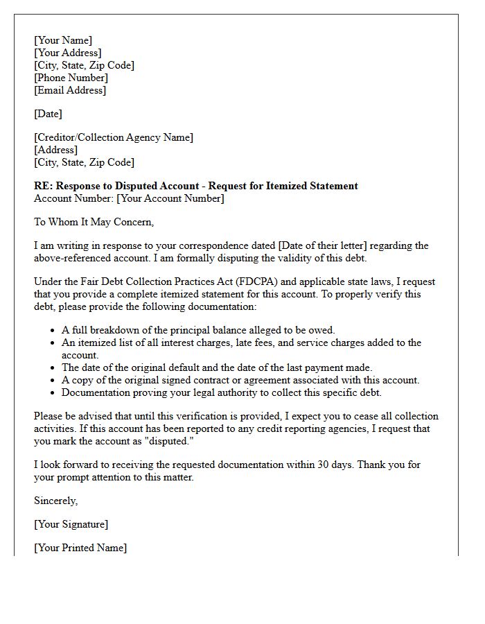 Consumer Dispute Itemized Statement Response Letter