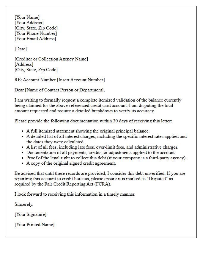 Credit Card Itemized Balance Validation Letter