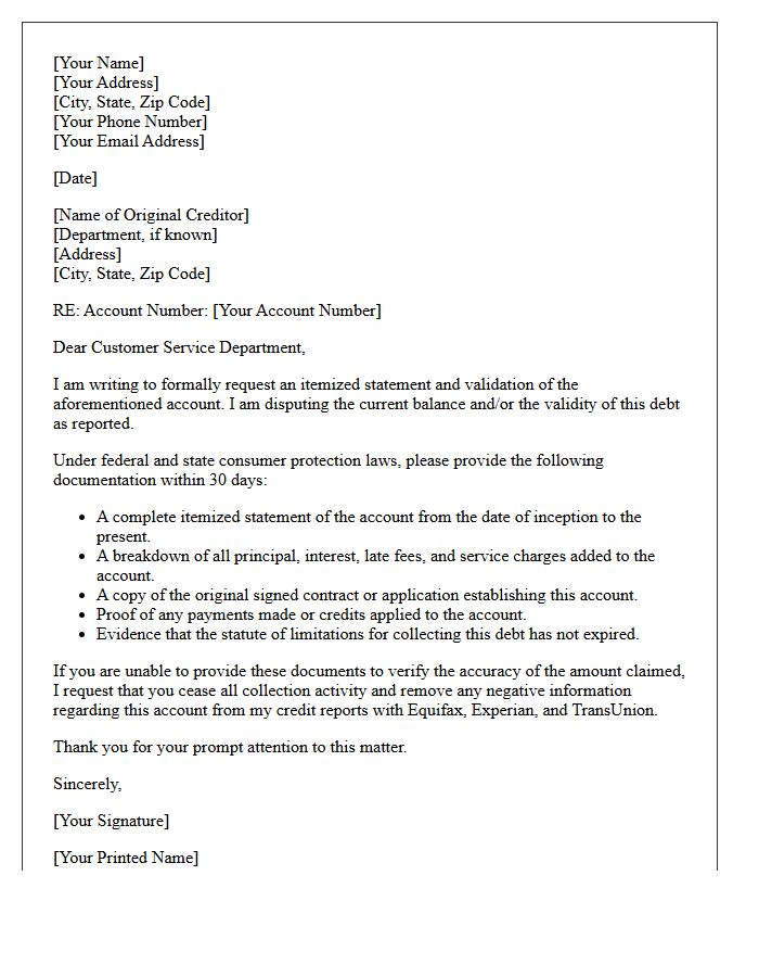 Original Creditor Itemized Account Validation Letter