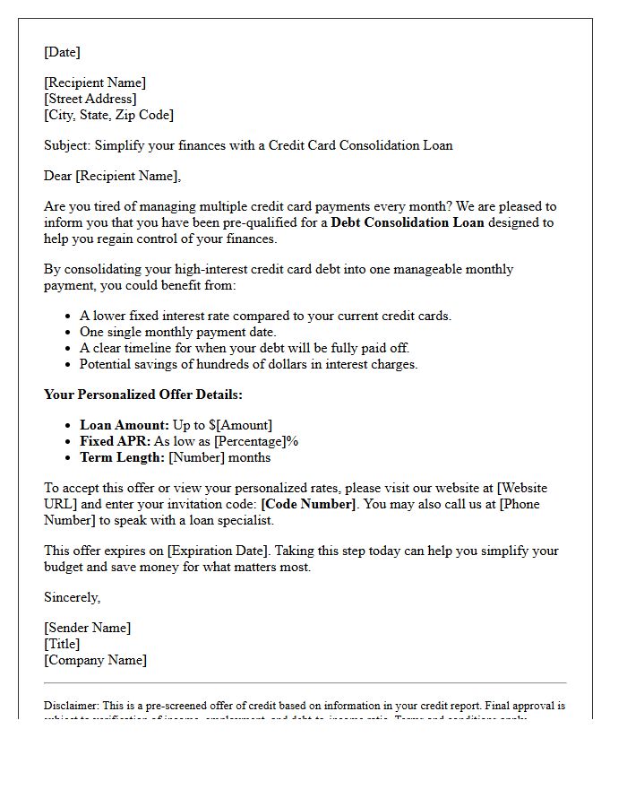 Credit Card Balance Debt Consolidation Loan Offer Letter