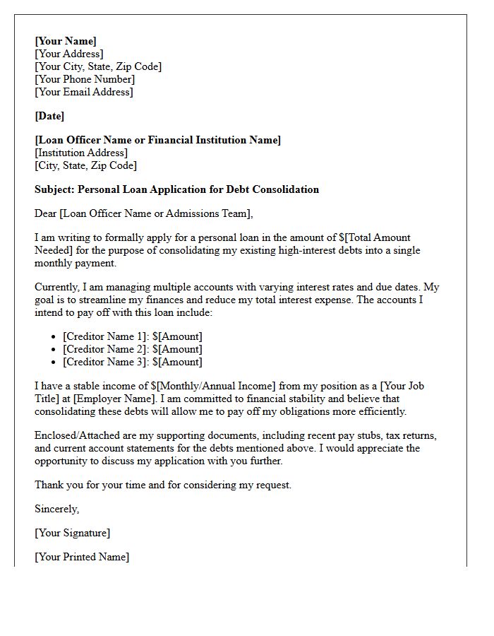 Multiple Account Debt Consolidation Personal Loan Letter