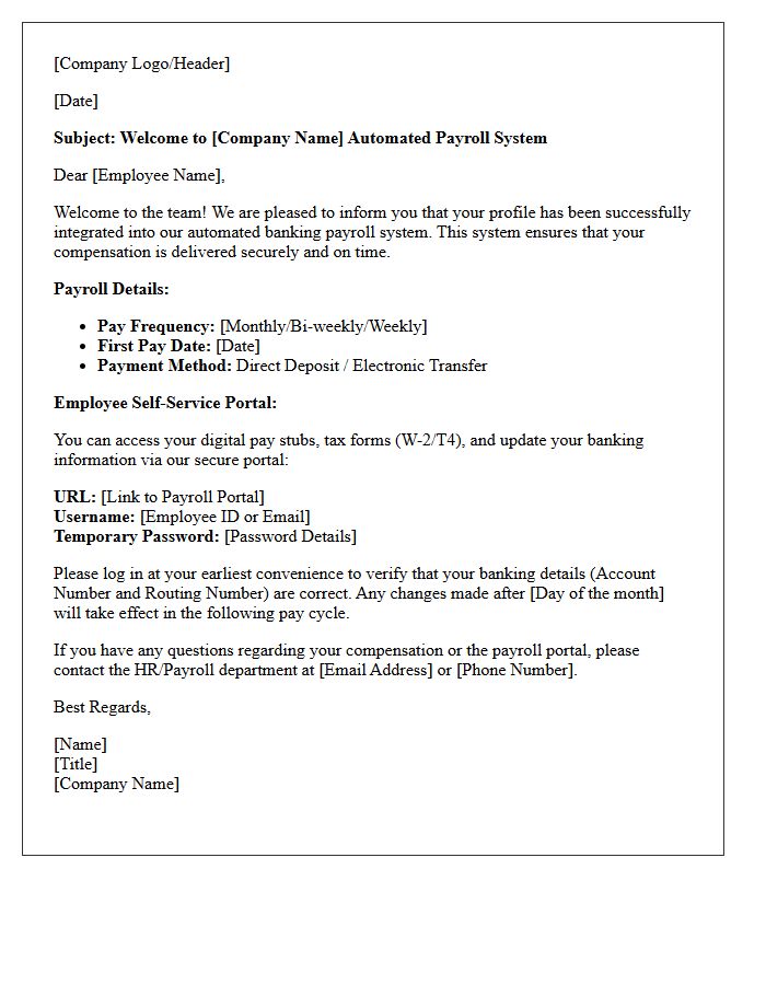 Automated Banking Payroll Welcome Letter