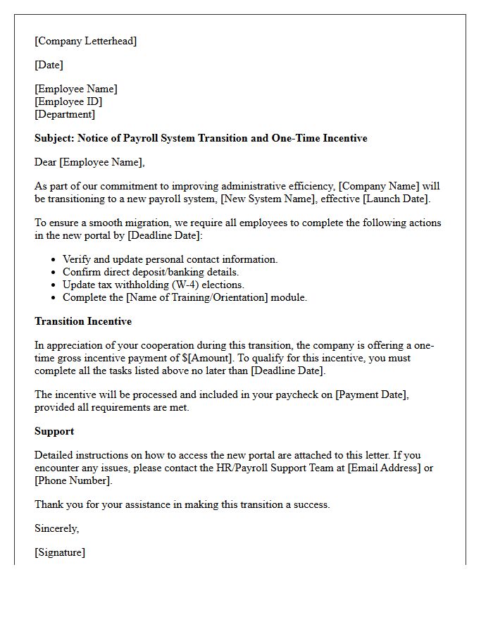 Corporate Payroll Transition Incentive Letter