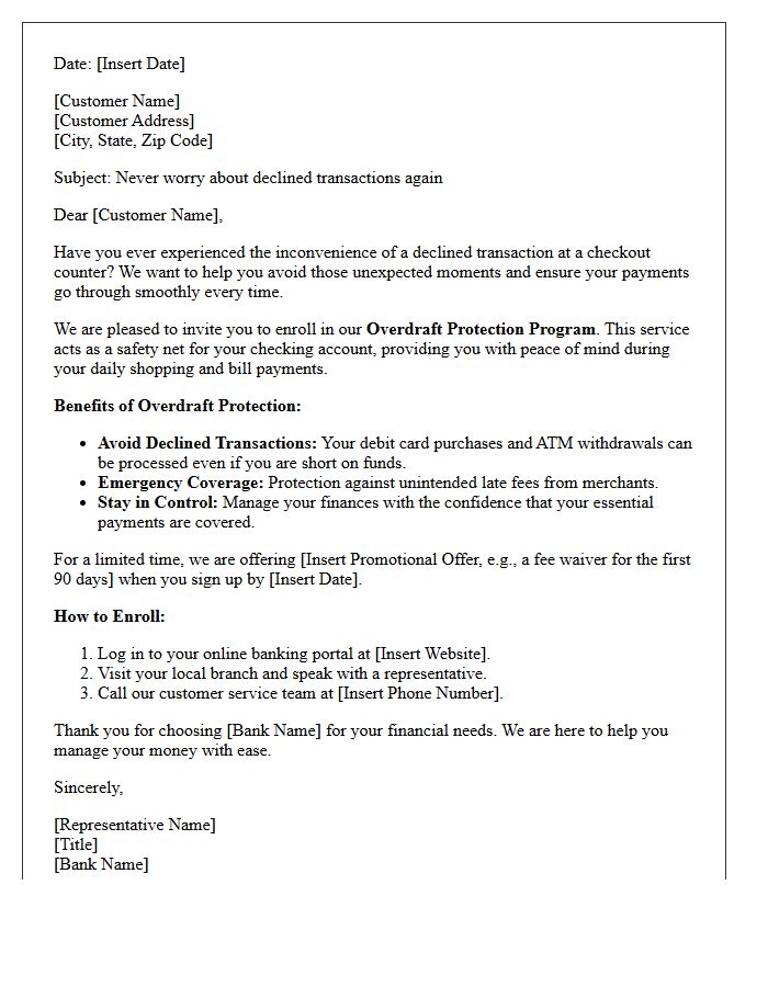 Avoid Unexpected Declined Transactions Overdraft Protection Promotional Letter