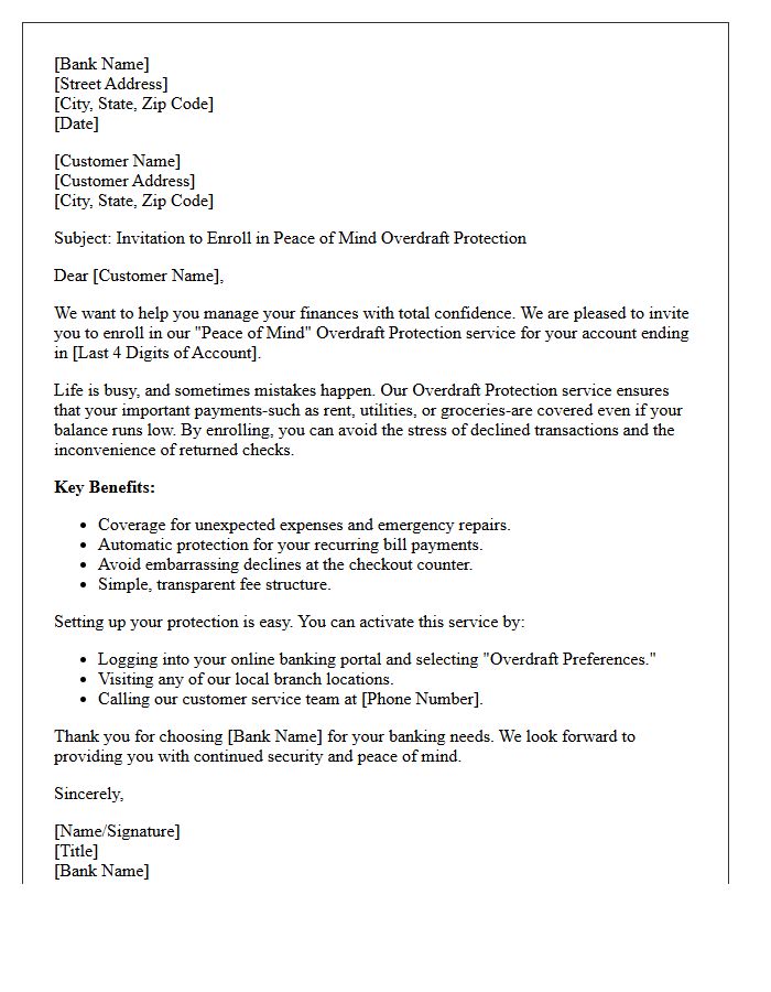 Peace Of Mind Banking Overdraft Protection Service Invitation Letter