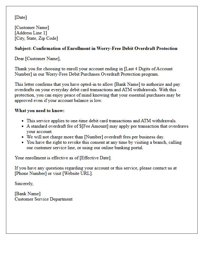 Worry Free Debit Purchases Overdraft Protection Enrollment Letter