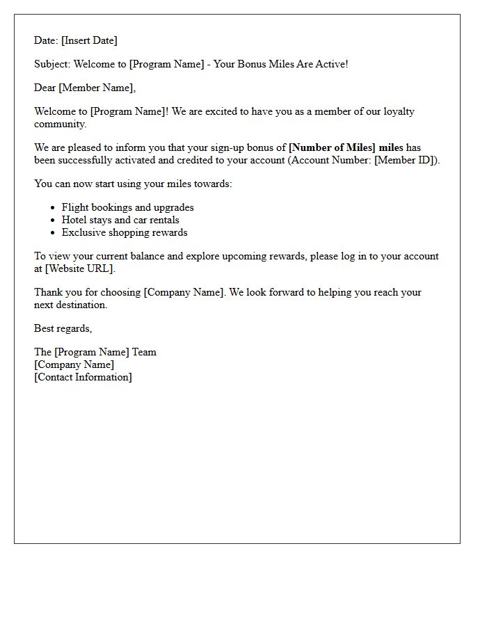 Bonus Miles Activation and Welcome Letter