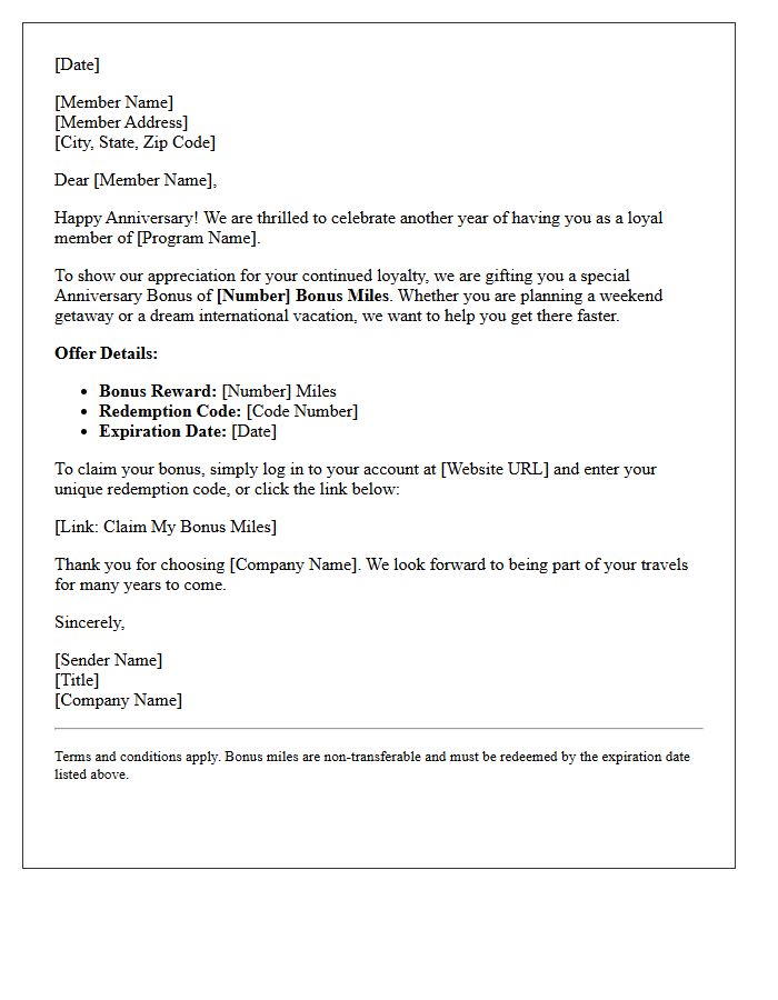 Special Anniversary Bonus Miles Offer Letter