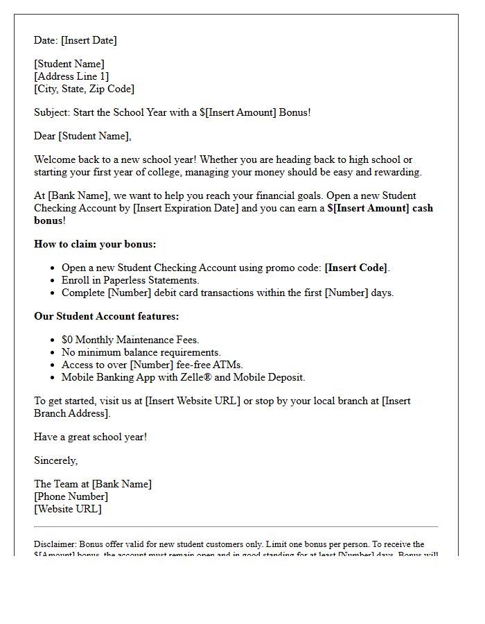 Back to School Student Checking Account Sign-Up Bonus Letter