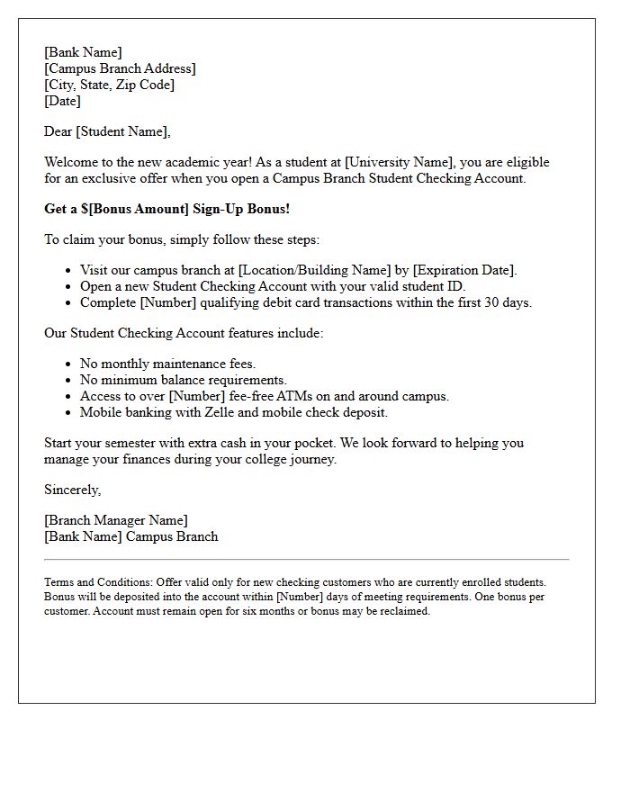 Campus Branch Exclusive Student Checking Account Sign-Up Bonus Letter