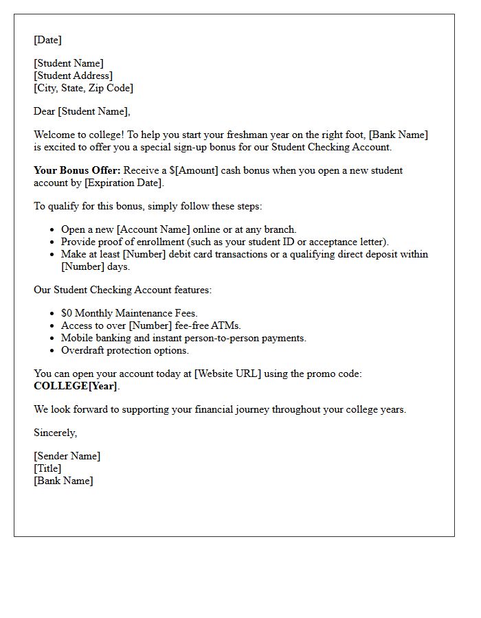 College Freshman Student Checking Account Sign-Up Bonus Letter