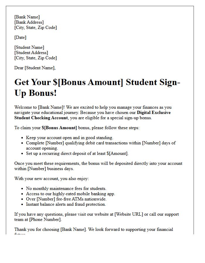 Digital Exclusive Student Checking Account Sign-Up Bonus Letter