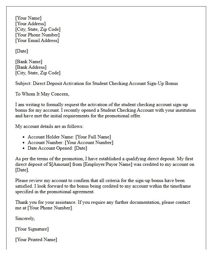 Direct Deposit Activation Student Checking Account Sign-Up Bonus Letter