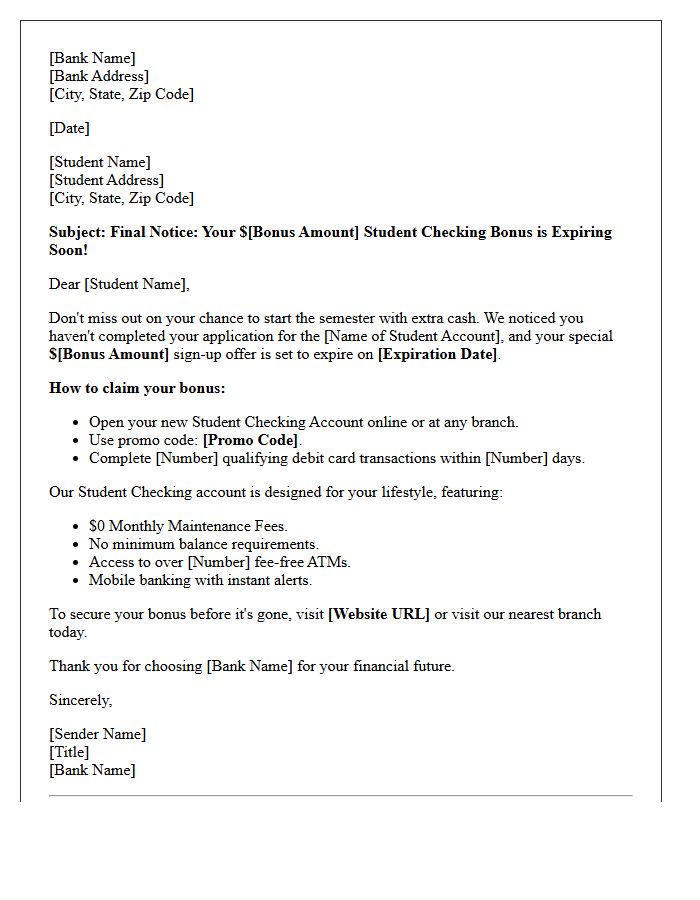 Expiring Offer Student Checking Account Sign-Up Bonus Letter