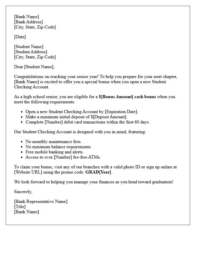 High School Senior Student Checking Account Sign-Up Bonus Letter