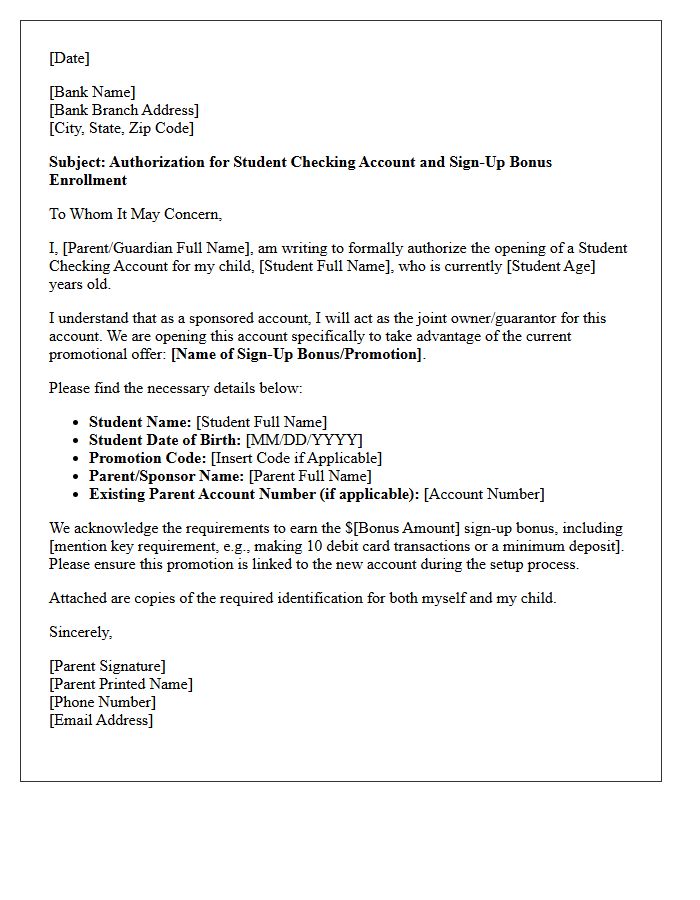 Parent Sponsored Student Checking Account Sign-Up Bonus Letter