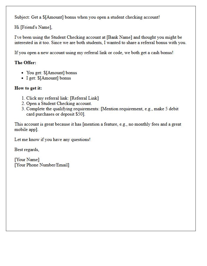 Peer Referral Student Checking Account Sign-Up Bonus Letter