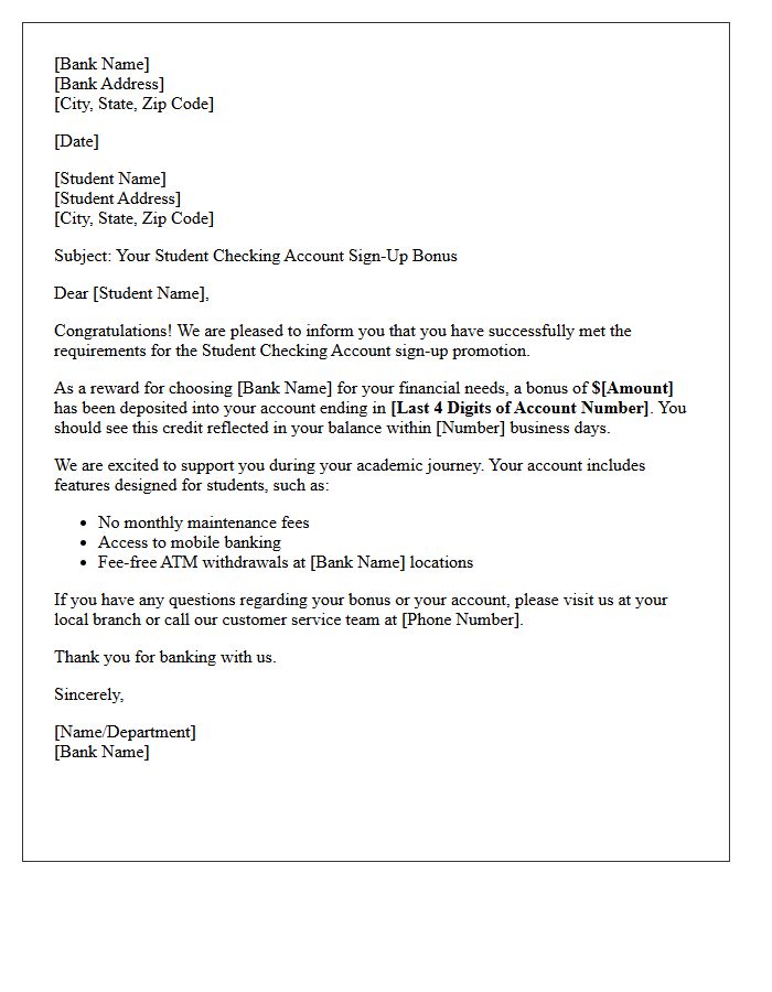 Reward Fulfillment Student Checking Account Sign-Up Bonus Letter