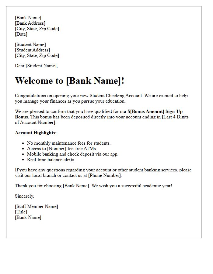 Welcome Student Checking Account Sign-Up Bonus Letter
