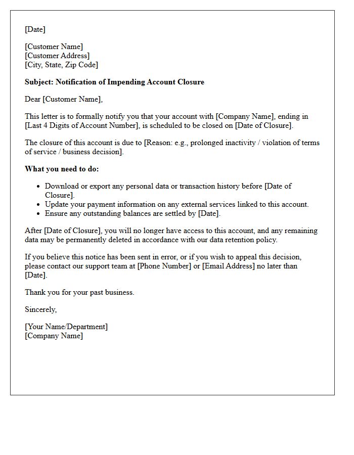Letter of Notification Regarding Impending Account Closure