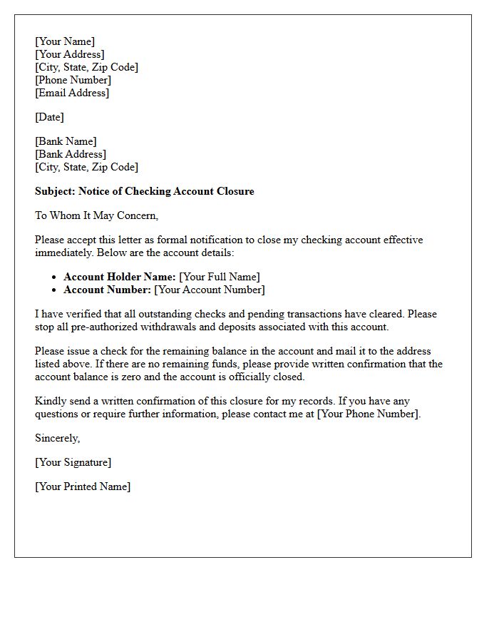 Notification Letter of Checking Account Closure