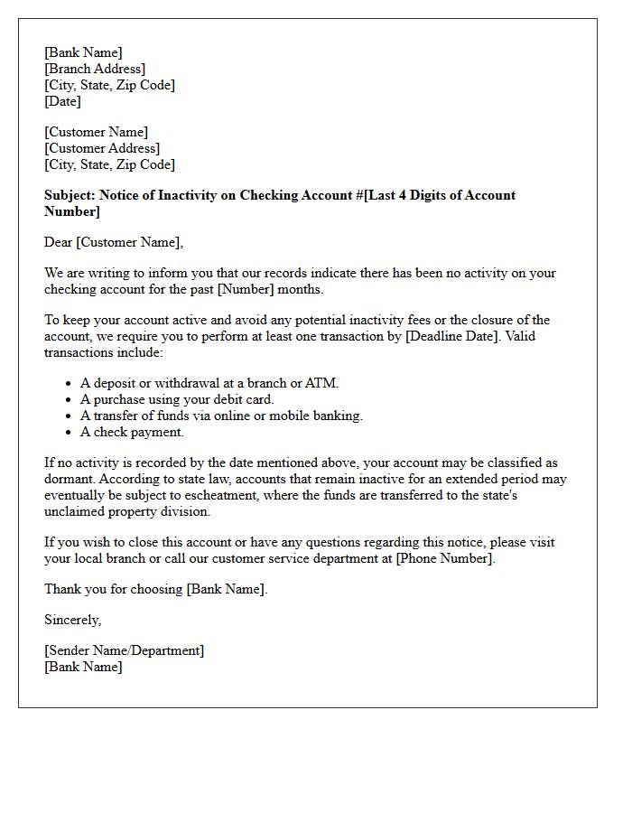 Checking Account Inactivity Warning Letter