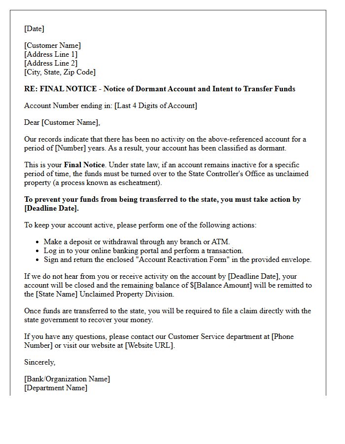 Final Notice of Dormant Account Status Letter