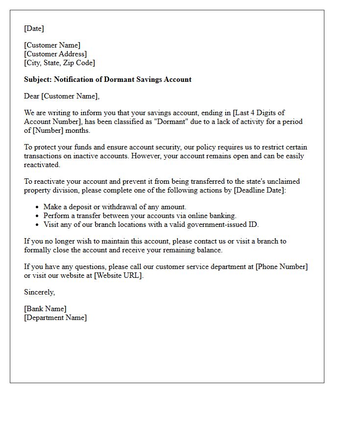 Savings Account Dormant Status Letter