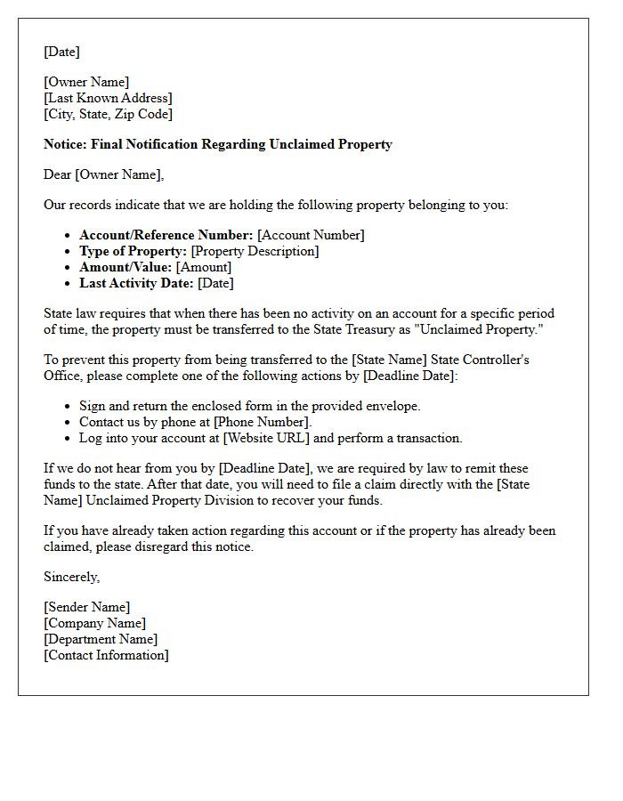 Unclaimed Property Transfer Notification Letter