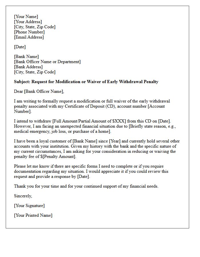 Certificate of Deposit Early Withdrawal Penalty Fee Modification Letter
