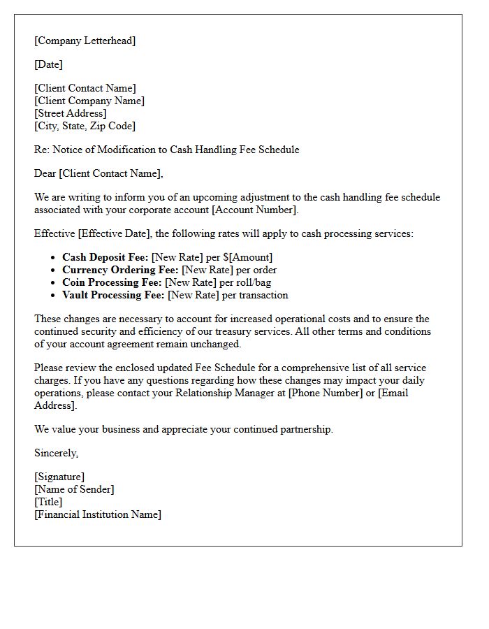 Corporate Account Cash Handling Fee Schedule Modification Letter