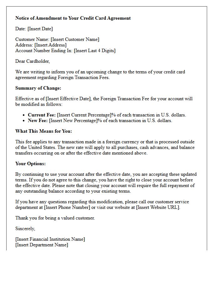 Foreign Transaction Fee Modification Letter for Credit Cardholders