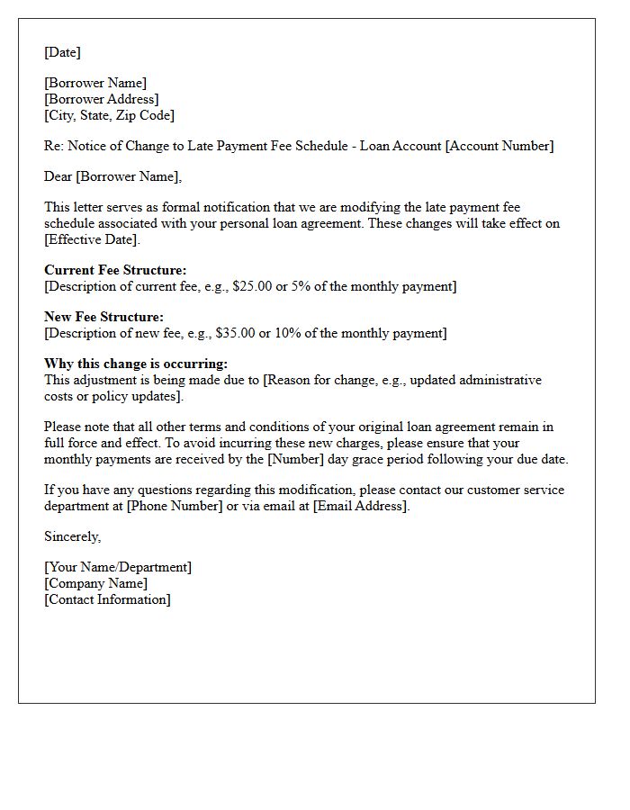 Late Payment Fee Schedule Modification Letter for Personal Loans