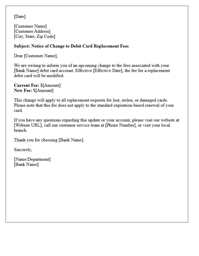 Letter Concerning Debit Card Replacement Fee Modification