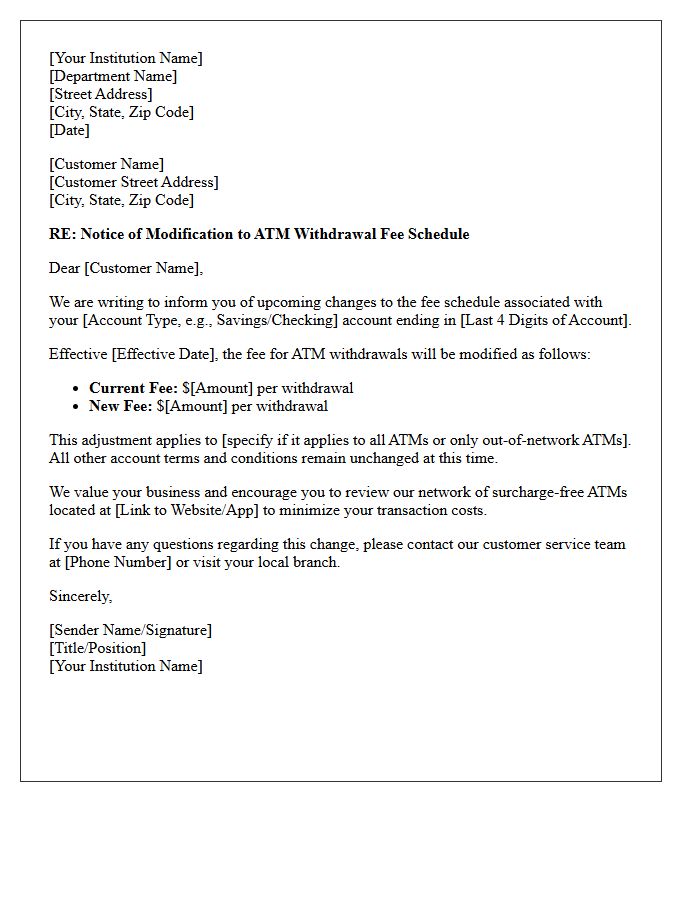 Letter of Modification to ATM Withdrawal Fee Schedule