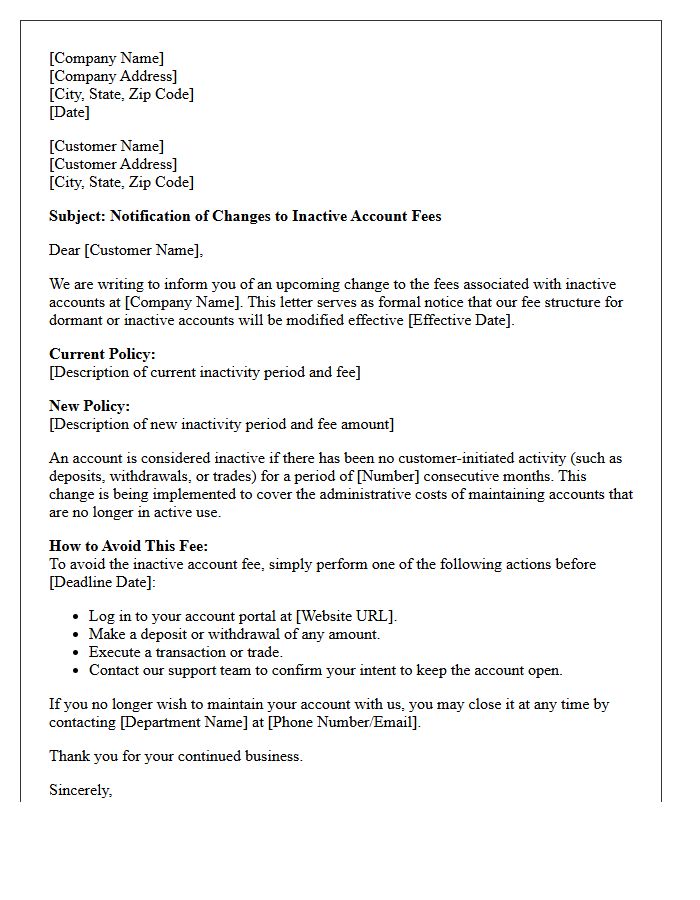 Letter of Notification Regarding Inactive Account Fee Modification