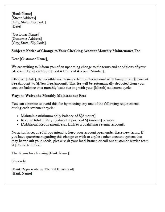 Letter Regarding Checking Account Monthly Maintenance Fee Modification