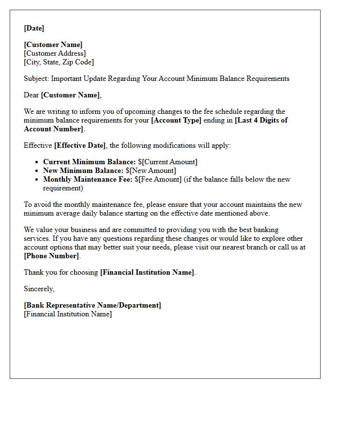 Minimum Balance Requirement Fee Schedule Modification Letter