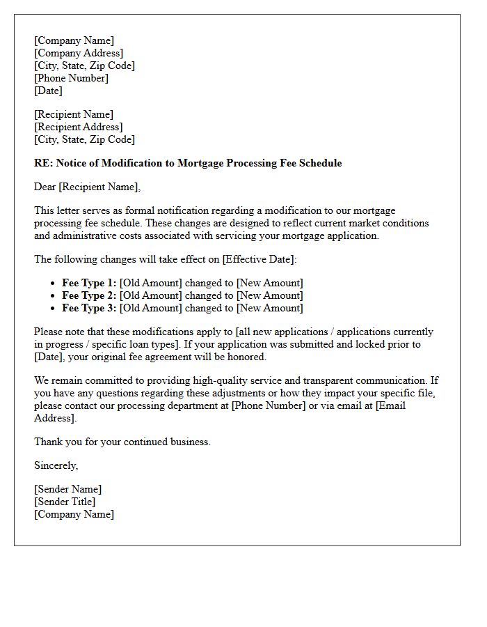 Mortgage Processing Fee Schedule Modification Notification Letter