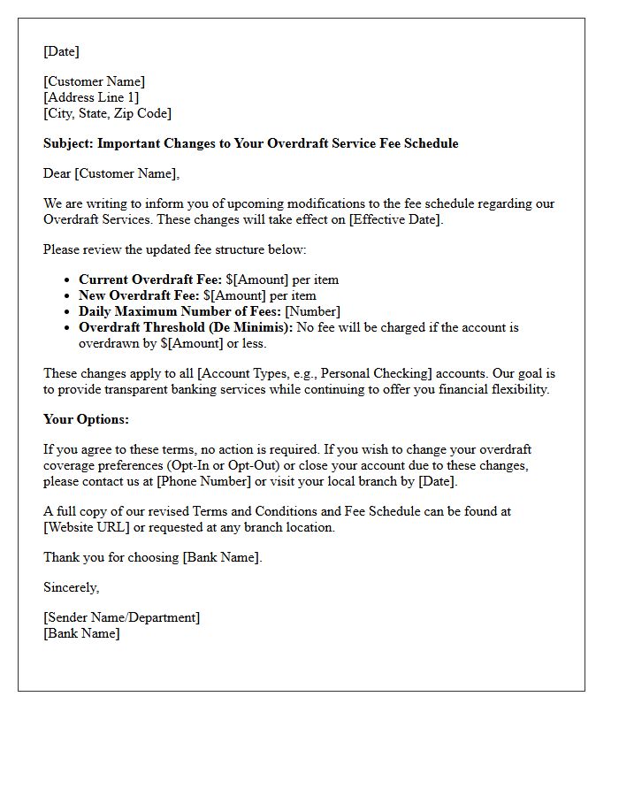 Notification Letter for Overdraft Service Fee Schedule Modification