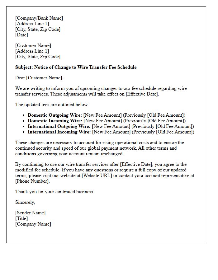 Wire Transfer Fee Schedule Modification Notice Letter