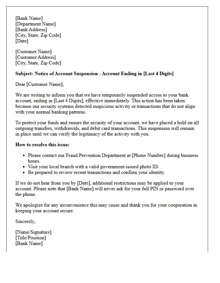 Bank Account Suspension Letter Due to Suspicious Activity